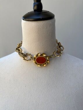 KARL LAGERFELD 1980’s Vintage Brass Link Necklace Choker w/ Orange Enamel Center